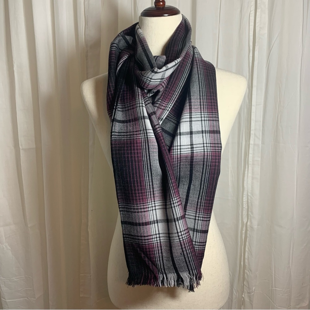 Nordstrom 100% Wool Dark Purple Black White Plaid Oversized Scarf Wrap Shawl